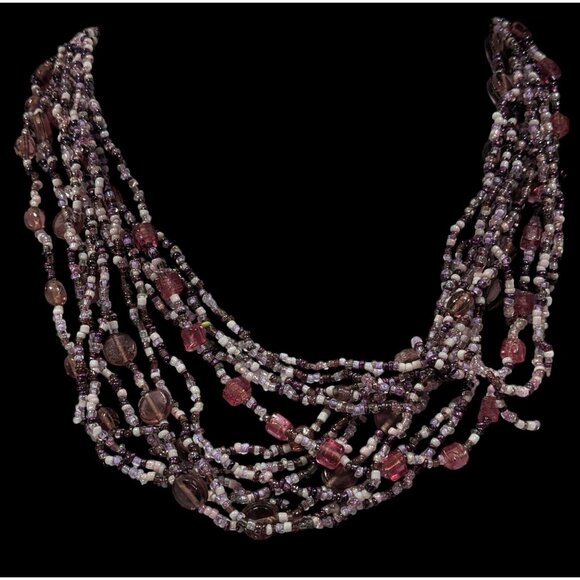 Whimsical Purple And White Glass Beaded Layered Necklace - Picture 2 of 6